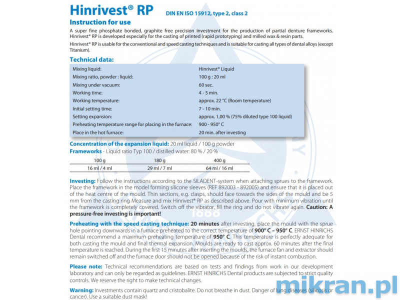 Zatmelovacia hmota Hinrivest RP (50x400g) + tekutina na hmotu 1L.Akcia